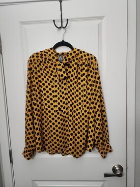 3/$25 Worthington Mustard Yellow and Black Polka Dot Tie-Neck Blouse